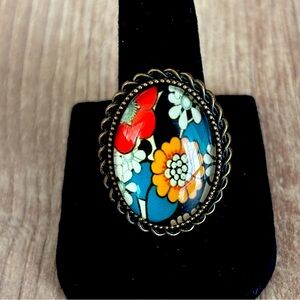 Bohemian Floral Print Victorian Style Adjustable Ring, Handmade, NWT
